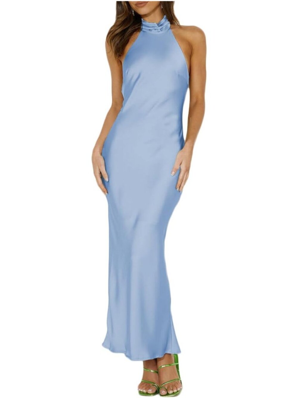 Blue Satin Halter Maxi Dress L Backless Wedding Guest Formal Bridesmaid